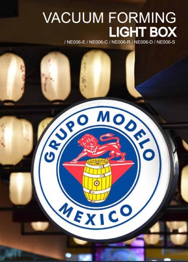 vacucm forming light box written in a brown background and a sigange shown in picture with the text and logo of groupo modelo mexico