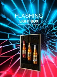 FLASHING LIGHT BOX WRITTE IN BACKGROUND AND LIGHTS ALSO. AND 3 BOTTLES SHOWING IN SIGNAGE FABRIC LIGHT BOX BY SIGNEX KSA