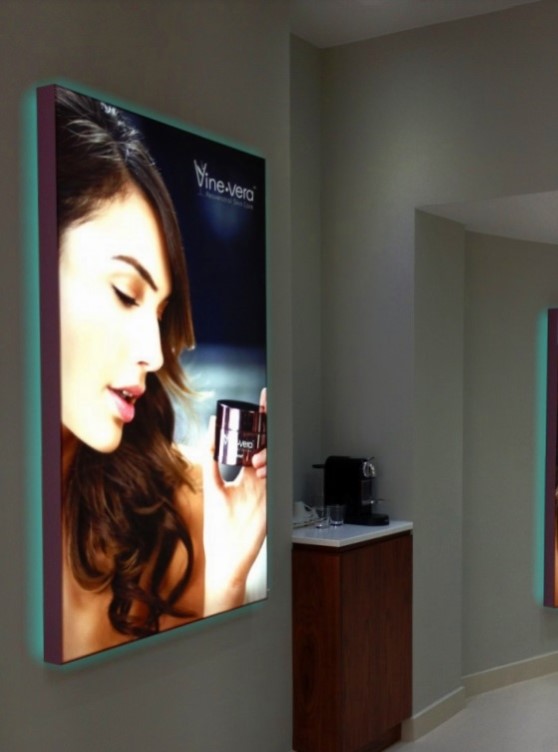 Fabric light boxes and a girl with half faces and its from a signage company