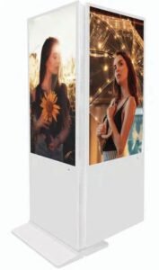 a digital screen that shows two young ladys on different side of the screen , one is holding an Umbrella and other one is holding a sunflower