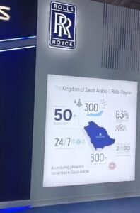 Rolls-Royce exhibit display highlighting 50+ years in Saudi Arabia, Vision 2030 projects, and partnerships
