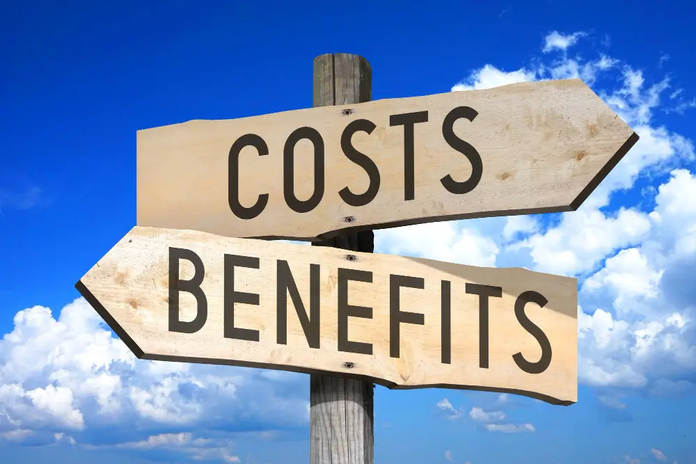 Signposts for 'Costs' and 'Benefits' with a blue sky, related to custom neon signs.